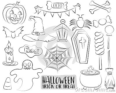 Set of Halloween design elements and icons in a cartoon style black and white outline. Coloring page, kidâ€™s game. Vector Illustration